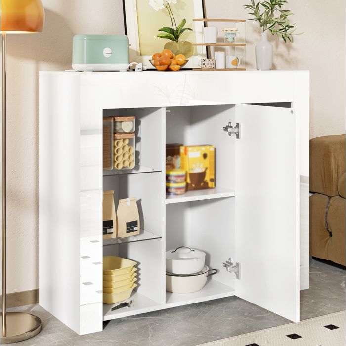 Buffet bas AESVAR blanc avec façade brillante étagères en verre et 1 porte 95 x 35 x 83 5 cm