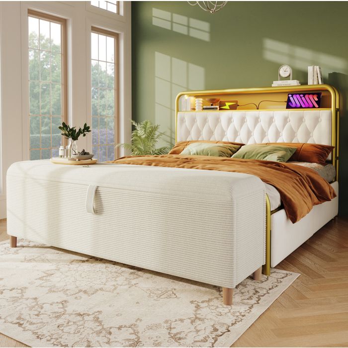 Banc de lit bout de lit avec coffre de rangement ouverture hydraulique beige 145 x 38 x 46 cm TYNQER