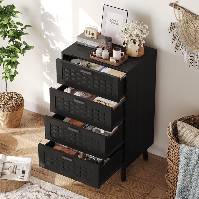 Commode en rotin 4 tiroirs meuble de rangement en bois buffet moderne style maison de campagne pour chambre salon et entrée