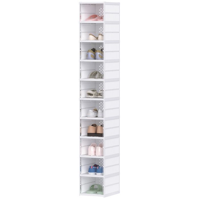 Meuble à Chaussures - Lot de 10 Boîtes Empilables Pliables - Plastique Porte Transparente - 26 x 35 x 174 cm - Blanc