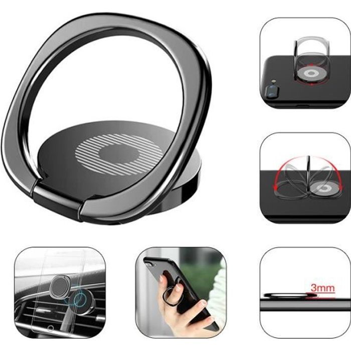 Anneau de support pour téléphone portable, rotation à 360 °, poignée de  téléphone en métal pour support magnétique de voiture, support pliable