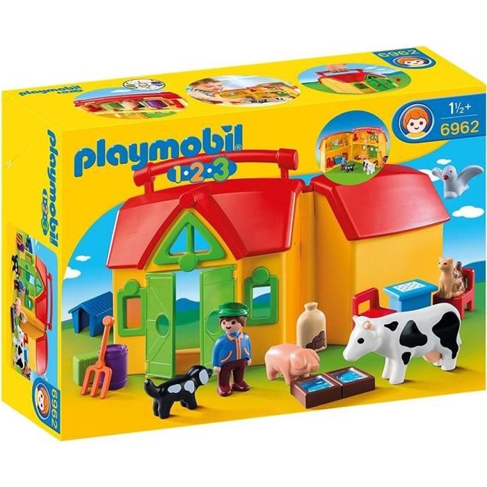 PLAYMOBIL 1.2.3. - 6962 - Ferme transportable avec animaux - Enfant - Jaune  - Plastique - Cdiscount Jeux - Jouets
