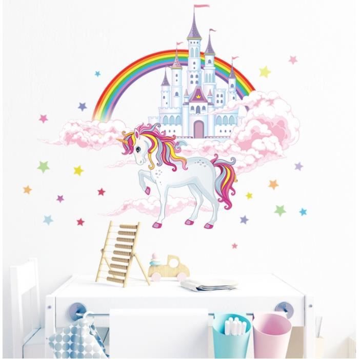 Stickers Muraux Château Arc en Ciel Autocollant Mural Fée Étoiles ...