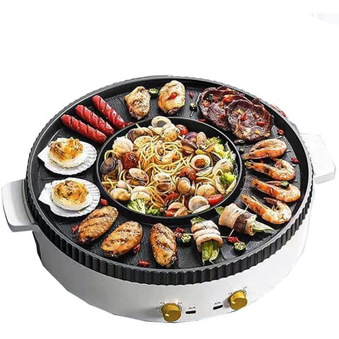2 En 1 Fondue Electrique Hot Pot BBQ,Barbecue Coréen Sans Fumée  Intérieur,Chauffage Rapide Haute Puissance Super Grande Capacité Facile À