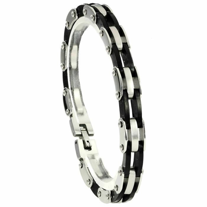 BRACELET HOMME EN ACIER INOXYDABLE ARGENT 100% Stainless Stel et CAOUTCHOUC. J4312eb