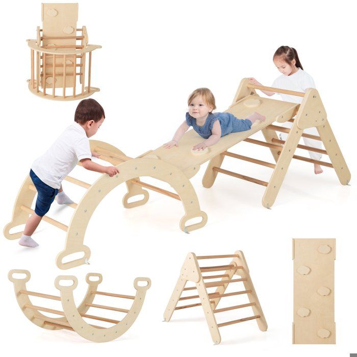 Jouet dEscalade 3 en 1 - DREAMADE - Triangle/Arche/Toboggan - Bois Massif - Pour Enfants 1 Ans+ - Naturel