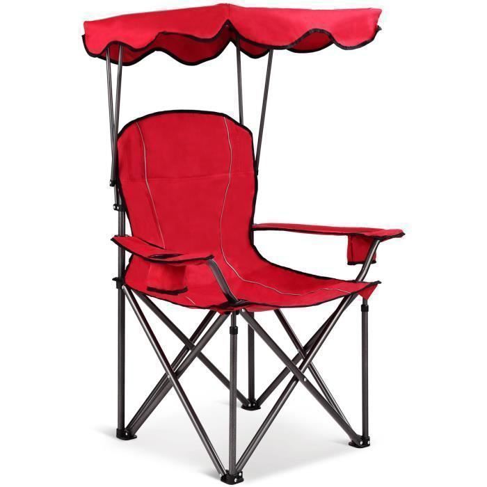 GIANTEX Chaise Fauteuil de Camping/Plage Pliante avec Auvent Pare SoleilPorte-Gobelet et Sac de TransportCadre en MétalRouge