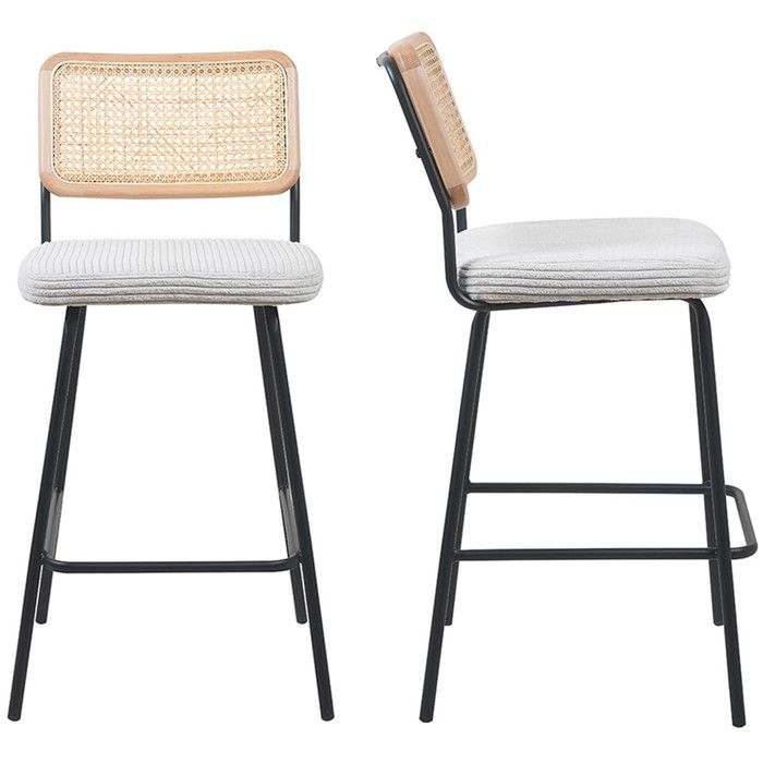 Lot de 2 chaises de bar en cannage et velours côtelé beige piètement noir - Muse Lot de 2 chaises de bar en cannage et velours côtelé beige piètement noir - Muse