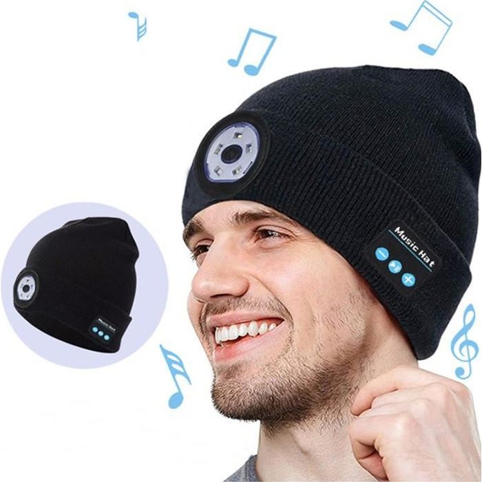 Version améliorée du bonnet Bluetooth avec lumière, 4 LED intégrées et  haut-parleurs stéréo et microphone (noir)