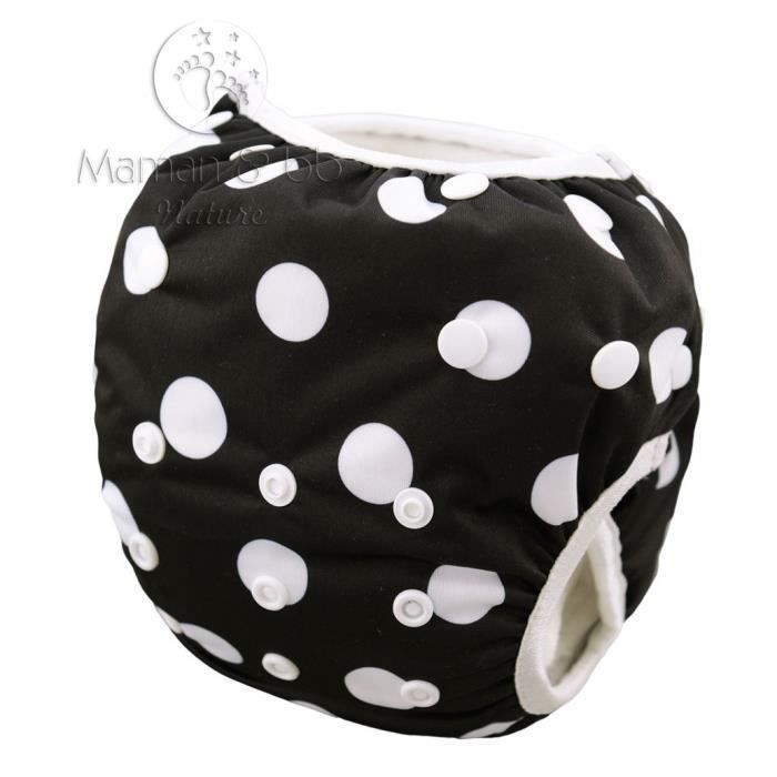 Couche maillot de bain pour bébé piscine et mer Noir pois blanc