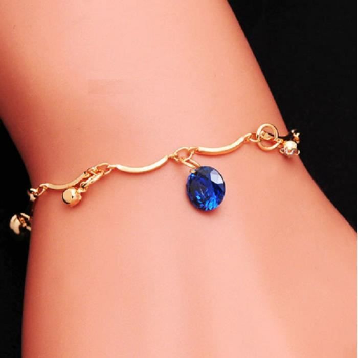 Bracelet plaqué OR 18K diamant CZ grelots Bleu Bleu Achat / Vente