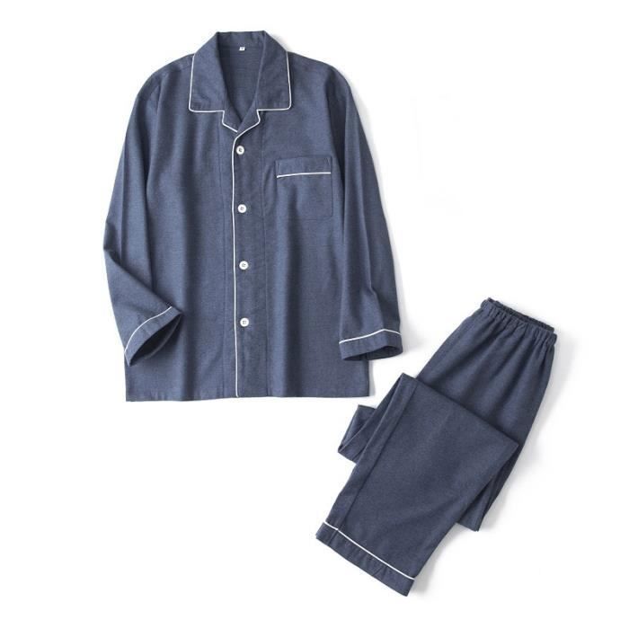 Pyjamas Homme en Coton 2 Pièces Ensemble De Pyjamas Manche Longue Automne  Chemise de Nuit - Gris Bleu