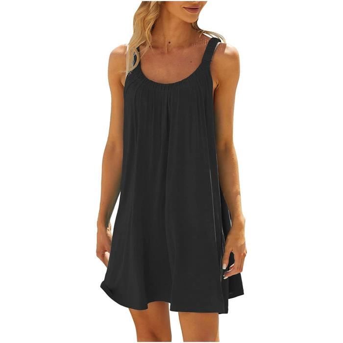 Robe Femme Col V Couleur Unie-Imprimé Robe Mi-longue Avec Poches - Noir