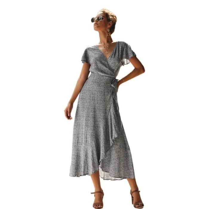 Robe Longue Femme été Imprimée Fleurs - Col V, Manches Courtes, Taille Haute, Style Boho Chic Pour Vacances Plage