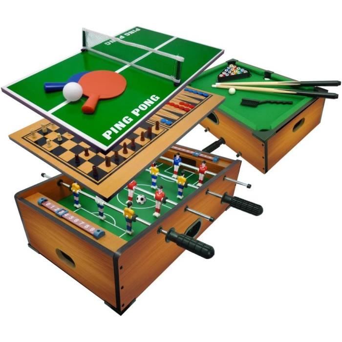 Table de jeu 6 en 1 - SPORT 1 - Baby-foot à carreaux pour dame, backgammon, ping pong, mini baby-foot en bois