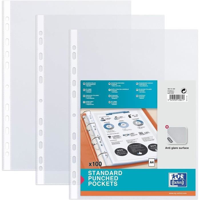 OXFORD Lot De 100 Pochettes Plastiques A4 Perfor es Grain S493 oxford-lot-de-100-pochettes-plastiques-a4-perfor-es-grain-s493