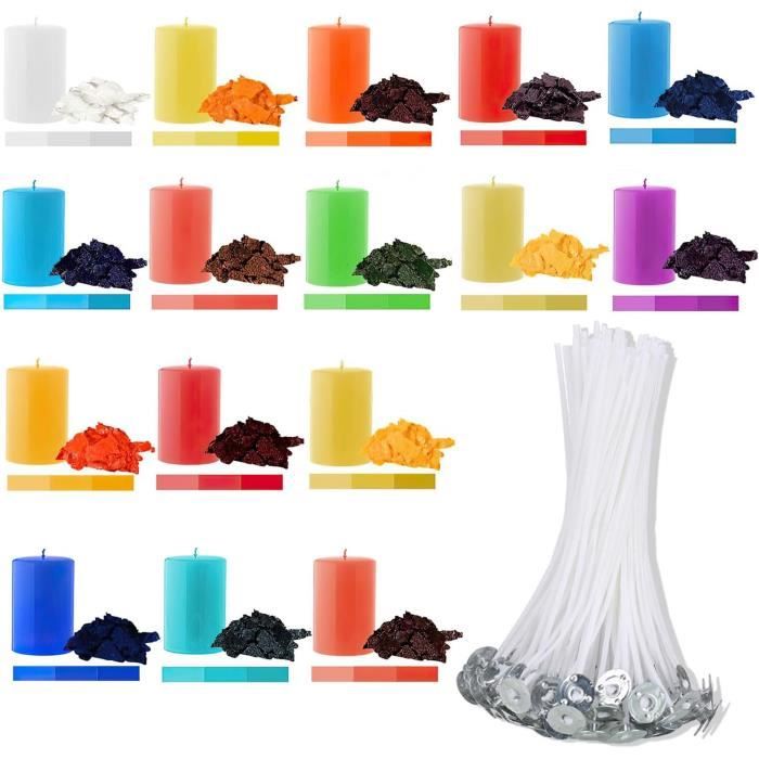 ALLAVA Lot de 16 couleurs de cire avec 100 mèches de bougie Couleur de cire pour bougies pour