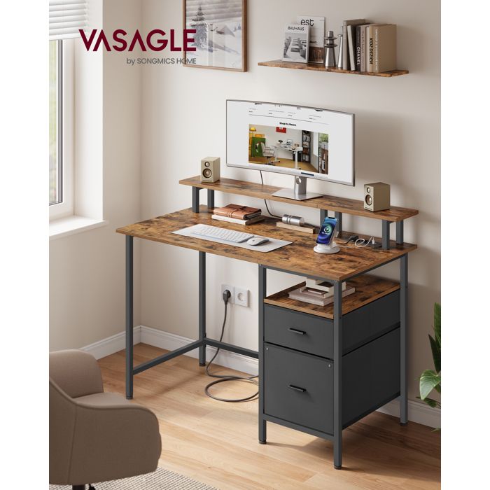Bureau Gaming - VASAGLE - Marron Rustique - 2 Tiroirs - 2 Ports USB