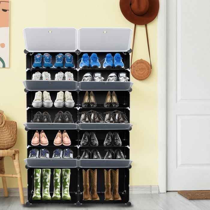 armoire à chaussures, étagère à chaussures en plastique , 2 rangées, 7 couchess avec 14 grilles, 72x 32 x 122cm - noir