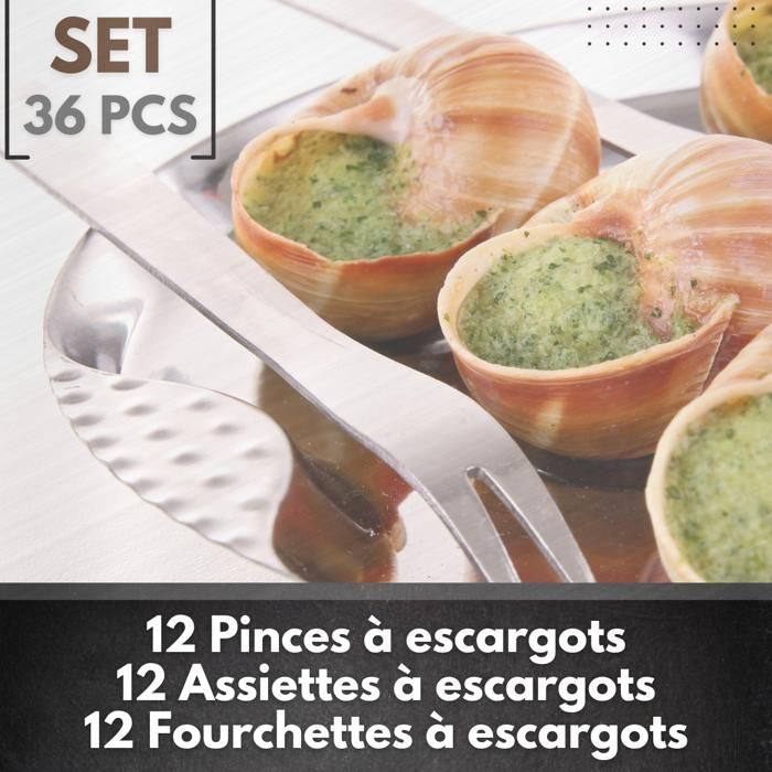 Service à Escargots 12 Personnes - 12 Assiettes 12 trous, 12 Pinces et 12 Piques en Acier Inoxydable - Coffret Complet d'Ustensiles - Maison