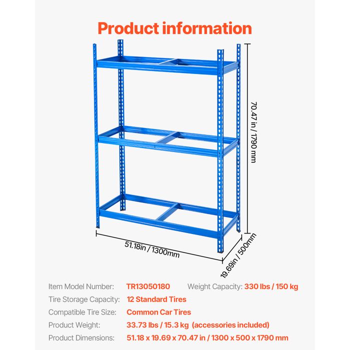 VEVOR Étagère à Pneus 2 Niveaux - Support Rangement 12 Pneus, Capacité 150kg, Métal Robuste