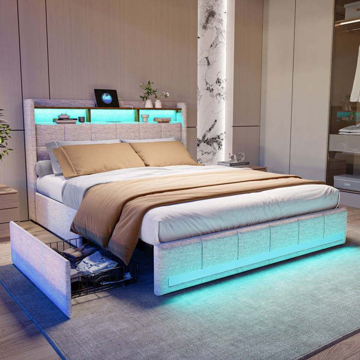 BursDany Lit Double Rembourré 160x200 cm avec LED, USB, Sommier à Lattes et Tête de Lit de Rangement, Lit Coffre Intégré Cadre Durable pour 2 Personnes, Velours Beige (sans Matelas