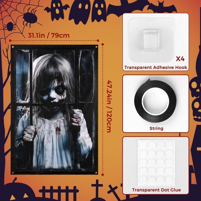 Décor Fenêtre Halloween Effrayante - Autocollant Rideau 80x120 Cm (fille Et Garçon Fantômes)