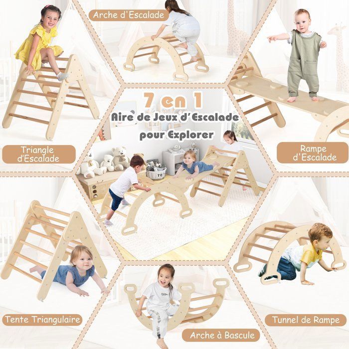 DREAMADE Aire de Jeu d'Escalade en Bois 6 en 1 avec Toboggan Corde et Échelles Ancrages Métalliques pour Enfant 1 an+, Multicolore - Jeux - Jouets