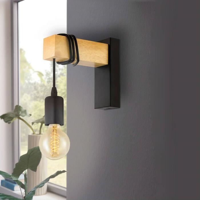Applique Murale Townshend 4 EGLO - Design Vintage Industriel En Acier Noir Et Bois, Douille E27