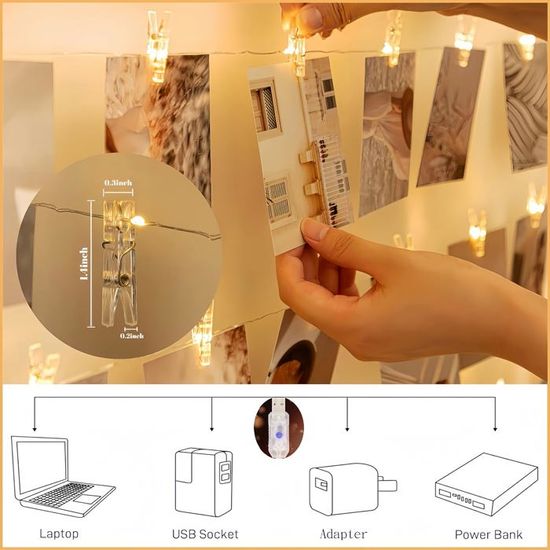 Guirlande Lumineuse 12m 120 LEDs Hoteril - Blanc Chaud - IP65 étanche - Alimentation USB
