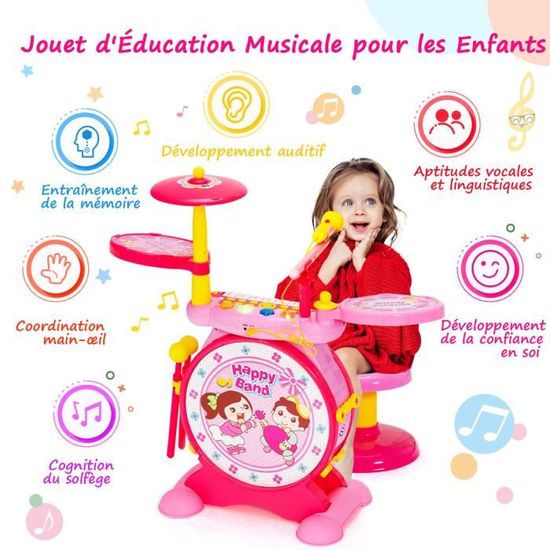 DREAMADE Kit de Batterie Enfant avec 5 Tambours, Tabouret, Clavier,  Pupitre, Microphone, 2 Baguettes, Cadeau pour Enfant 3 Ans+ - Cdiscount  Jeux - Jouets