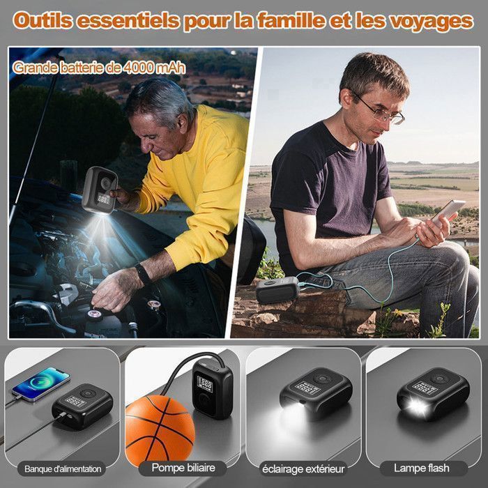 Gonfleur de pneu portatif de compresseur d'air rechargeable avec la pompe à air électrique sans