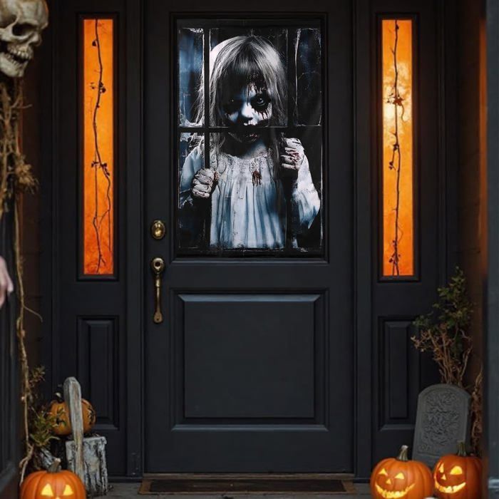 Décoration Fenêtre Halloween Effrayante – 120 X 80 Cm – Tissu Polyester, Fille Horreur – Pour Mur, Porte, Fête