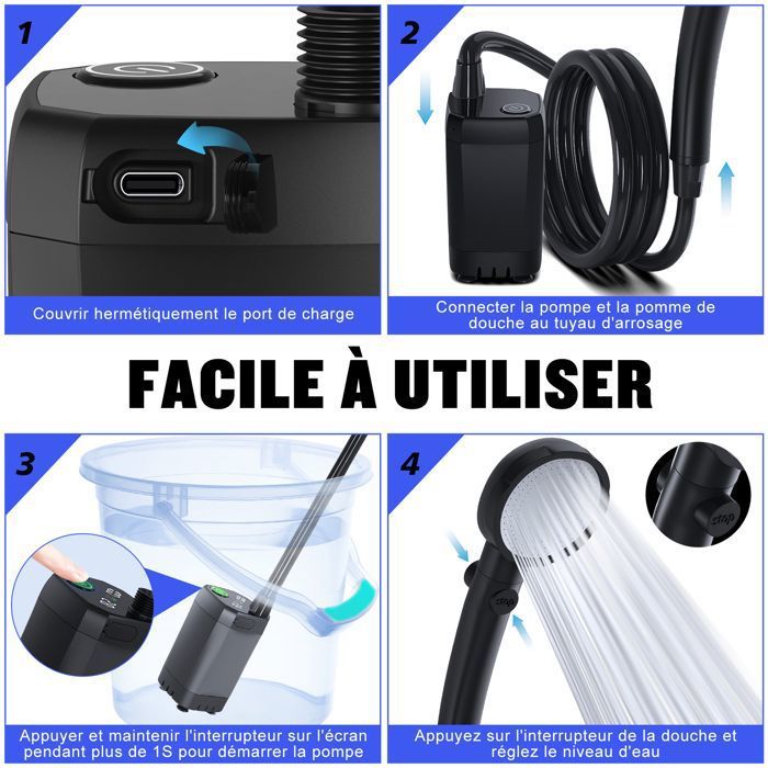 Douche Portable Camping 8000mAh Spopal – Pompe Électrique Rechargeable 4 Modes Avec Afficheur Intelligent