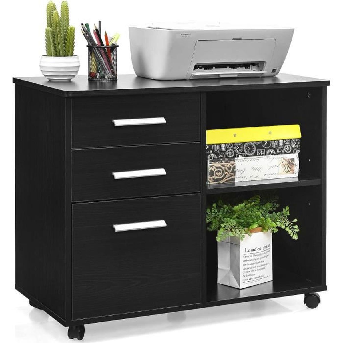 Caisson De Bureau 3 Tiroirs Avec Roulettes – Rangement A4, Documents, Mobile, Anti-basculement (53x39x58cm, Naturel+noir) - 7