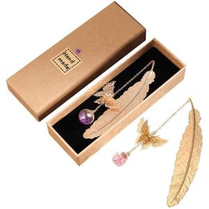 Toirxarn Marque-page plume en métal Cadeau pour les lecteurs avec papillon 3D et perles de verre Pendentif fleur éternelle sèche les femmes et les enfants. 