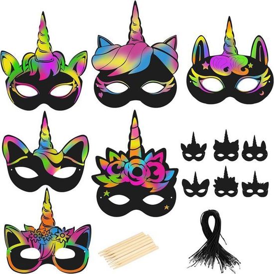 WACH AUF 24 Pcs Masque A Gratter Enfant, Masques à Gratter Animaux Pour Enfants Et Masques De Super-héros à Gratter Scratch Art Papier Avec 24 Cord élasticité Et 12 Stylet En Bois