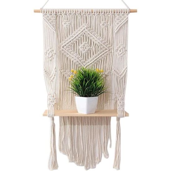 Macrame Mural Tenture Murale Macramé Boho Faite Main - Franges Et Perles En Bois, Coton Bio - Déco Salon/chambre (110x25 Cm Environ) Tissage Mural Perles Bois Salon