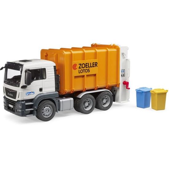 Camion poubelle MAN TGS orange avec système de chargement arrière et hayon ouvrable - BRUDER
