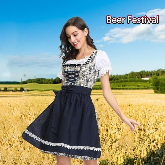 Robe Dirndl Traditionnelle Pour Femme - Costume Oktoberfest Longueur Midi - Avec Tablier Et Lacage - Noir