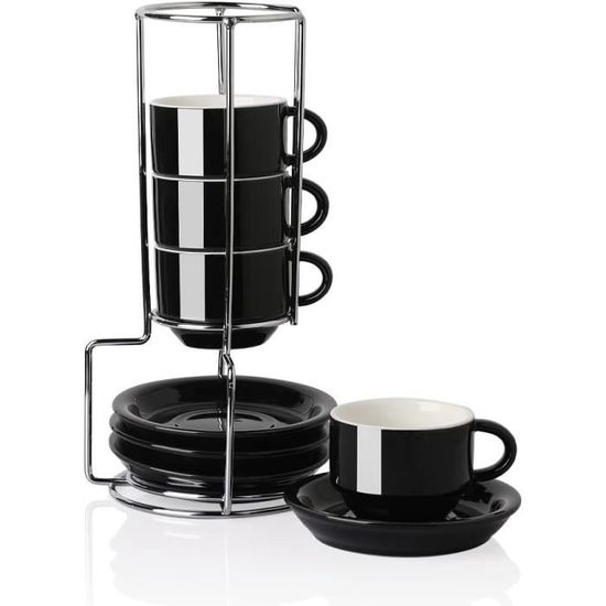 Lot De 4 Tasses à Expresso LUKA Avec Soucoupes Et Support Métal - Porcelaine, 118 Ml, Empilables, Design Classique
