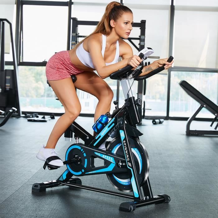 AKALNNY Vélo biking spinning Vélo d'appartement interieur entrainement avec écran LCD roue inertie 10kg Supports pour Bras Bleu