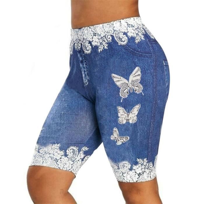 Leggings d'été pour femmes taille basse skinny imprimé de yoga-gym - Bleu clair M