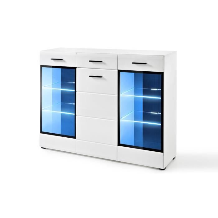 Extreme Furniture Buffet Lauren HB - LED bleues - Blanc Brillant & Blanc - Façades en Brillant - L150cm x H112cm x P41cm