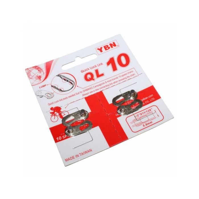 Connecteur de chaine velo 10v. ybn argent (attache rapide) compatible shimano - campagnolo (blister de 2 pieces)