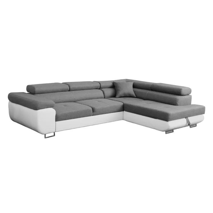AUBIN - Canapé D'angle Convertible Gris Et Blanc Coffre De Rangement - Angle Droit