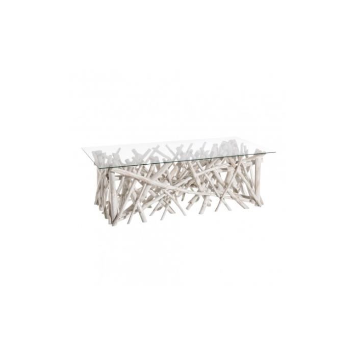 Table basse bois flotté blanc et plateau verre