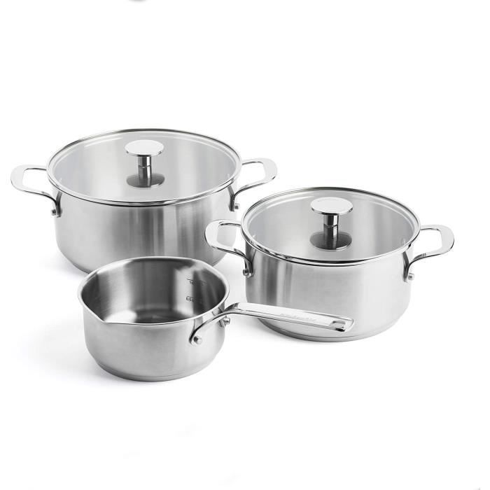 BATTERIE DE CUISINE KitchenAid Batterie De Cuisine avec revêtement anti-adhésif en Inox, Faitouts avec couvercles +164