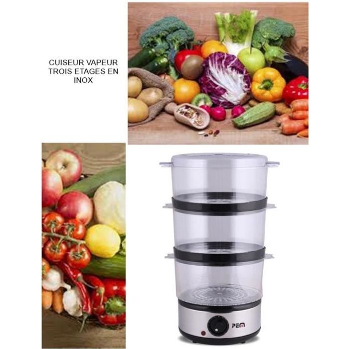 Cuiseur vapeur en inox 3 étages - Capacité 6L - Minuterie - Réservoir de 0,5L