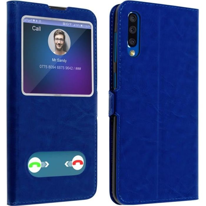 Housse Samsung Galaxy A50 Protection Double Fenêtre Fonction Stand bleu Bleu